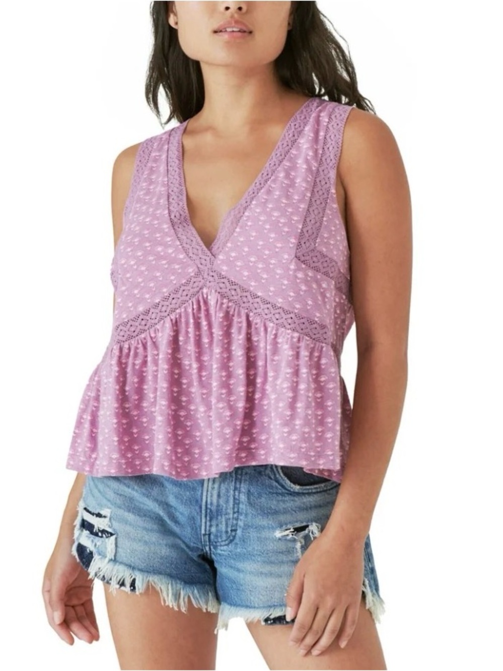 Lucky Brand Women’s Geo Lace Trim V-Neck Ruffle Hem Cotton Tank Top (Size: S)